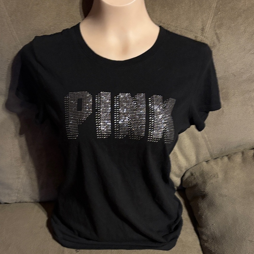 PINK Victoria's Secret Black Tee with Silver Sequin Logo